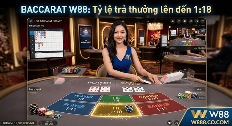 Baccarat tại casino trực tuyến W88 với tỷ lệ trả thưởng 1:18 hấp dẫn, hỗ trợ W888 đăng nhập nhanh