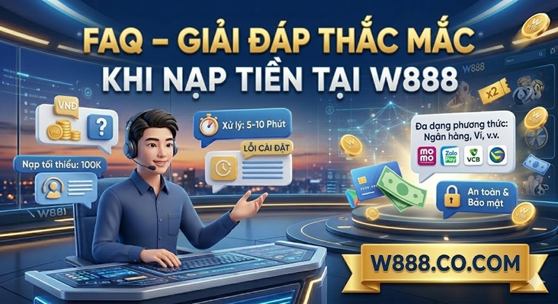 Hướng Dẫn Nạp Tiền W88 Qua 4 Phương Thức Nhanh Nhất 2026 FAQ giải đáp thắc mắc khi nạp tiền tại W888 qua đa dạng phương thức.