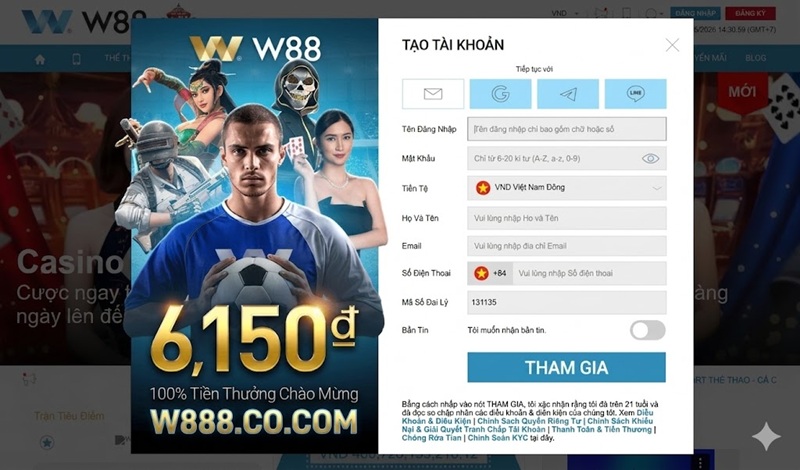 Hướng Dẫn Đăng Ký W88 Nhận 90K Tiền Cược Miễn Phí 2026 Hướng dẫn điền thông tin cá nhân form đăng ký tạo tài khoản W88 chuẩn xác tại W888.co.com.