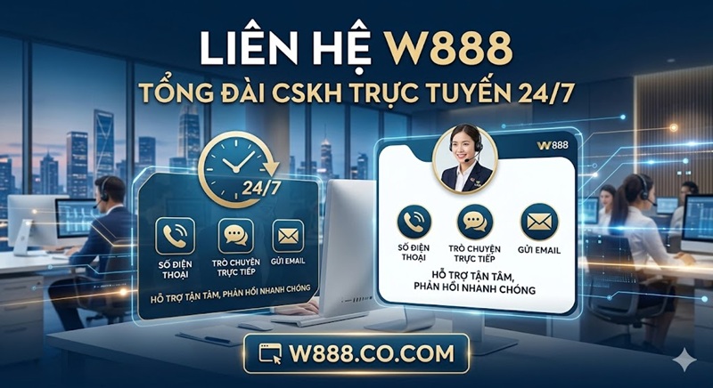 Liên hệ tổng đài CSKH trực tuyến 24/7 của W888 qua điện thoại, live chat và email tại W888.co.com.