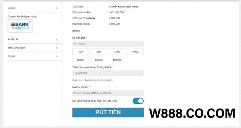Hướng Dẫn Rút Tiền W88 Về Ngân Hàng An Toàn, Siêu Tốc 2026 Hướng dẫn tạo lệnh rút tiền W88 qua chuyển khoản ngân hàng và nhập chi tiết thông tin tại W888.co.com.