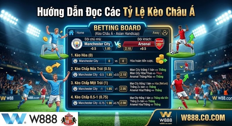 Hướng dẫn đọc các tỷ lệ Kèo Châu Á cơ bản trên bảng cược W888.